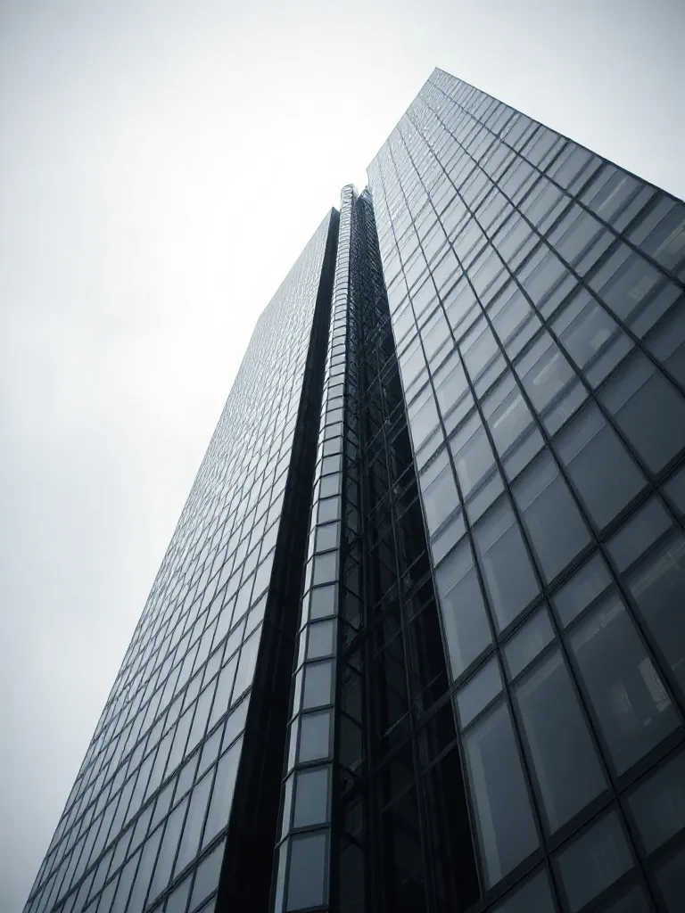 Architectural view of a modern skyscraper facade with geomet