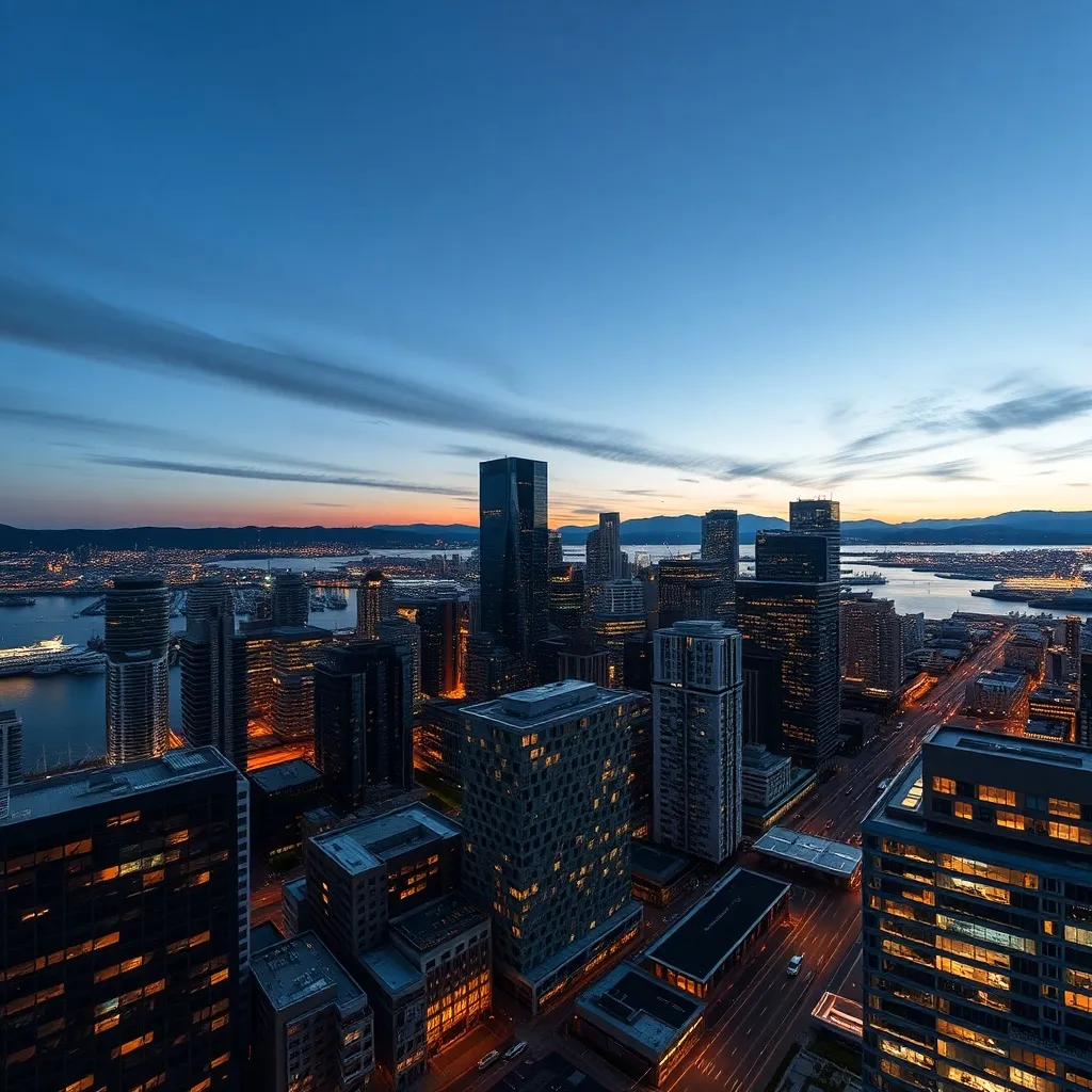 Wide angle architectural shot of Vancouver downtown glass sk